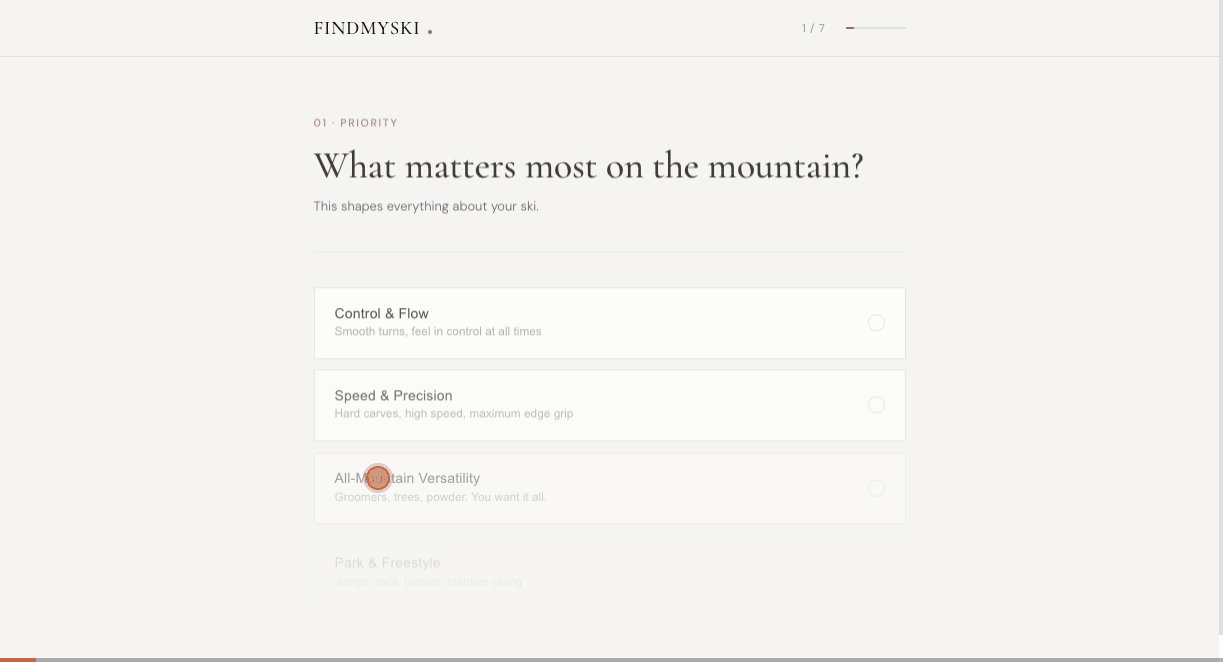 FindMySki demo — walking through the 7-question intake and receiving a personalized ski recommendation