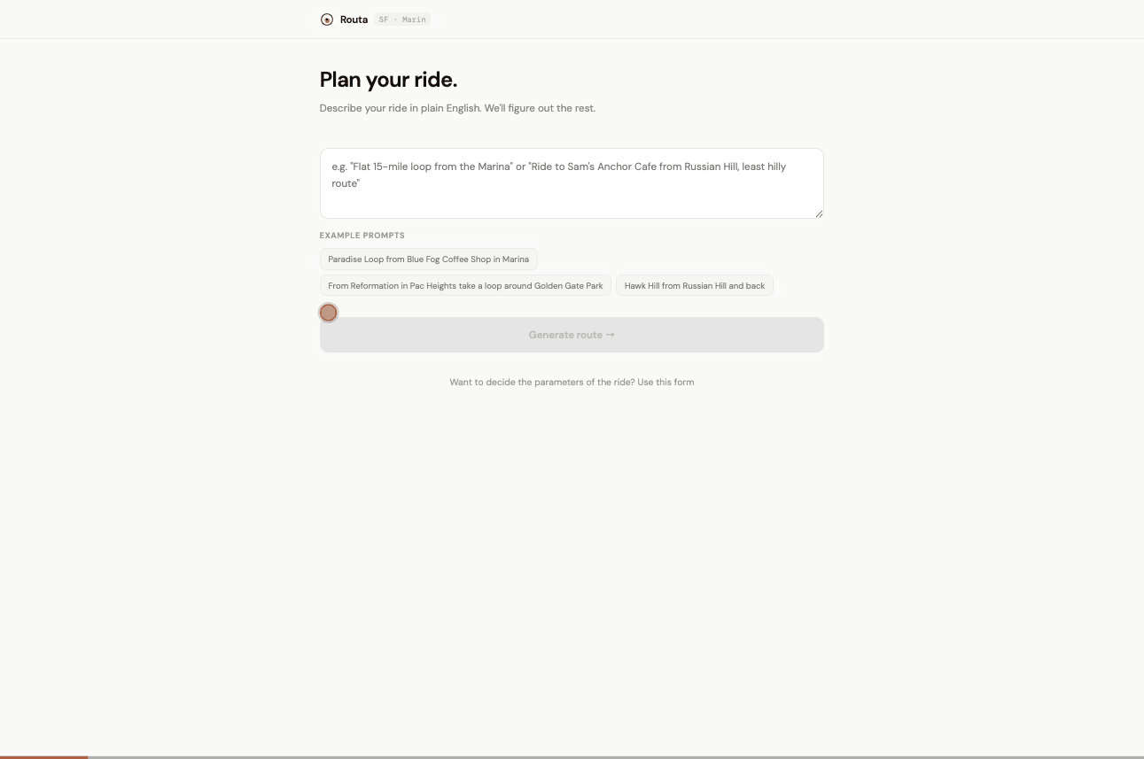 RideRouta demo — describing a ride in plain English and generating a route with map, elevation, and Strava export